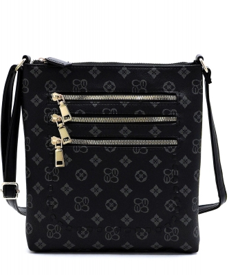 Monogrammed Whipstitch Multi Zip Pocket Crossbody Bag CS2744 GRAYBLACK